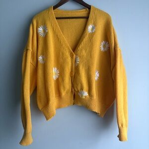 Mustard Yellow Daisy Embroidered Cardigan Button Front Knit Sweater Cottagecore
